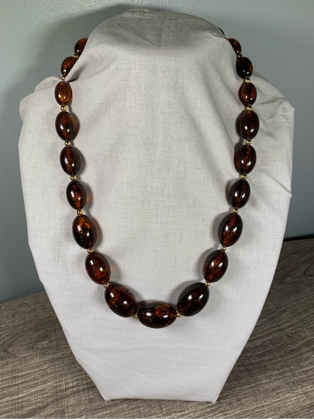 Vintage Napier Chunky Root Beer Lucite Beaded Necklace Gold Tone 24" Brown 70s